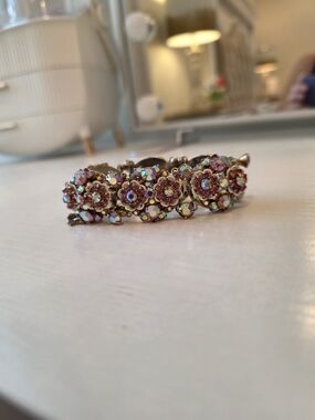 Vintage Pink Aurora Borealis Rhinestone Floral Bracelet AB Statement Jewerly